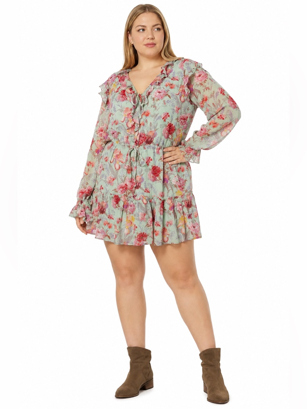 Paige Garcelle Floral Ruffle V-Neck Mini Dress in Light Blue Size XL